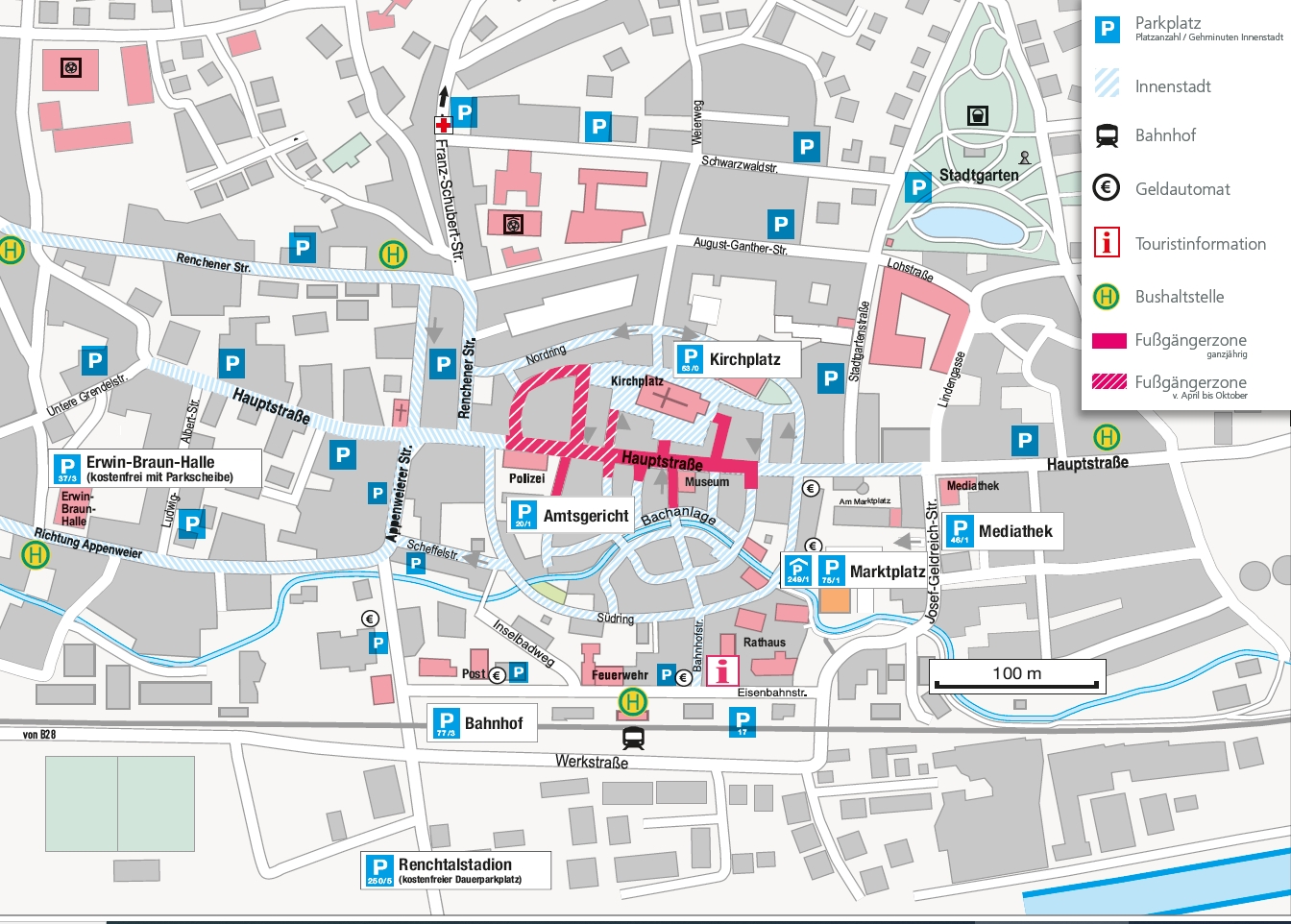 Das Bild zeigt einen Plan der Innenstadt mit eingezeichneten Parkmöglichkeiten