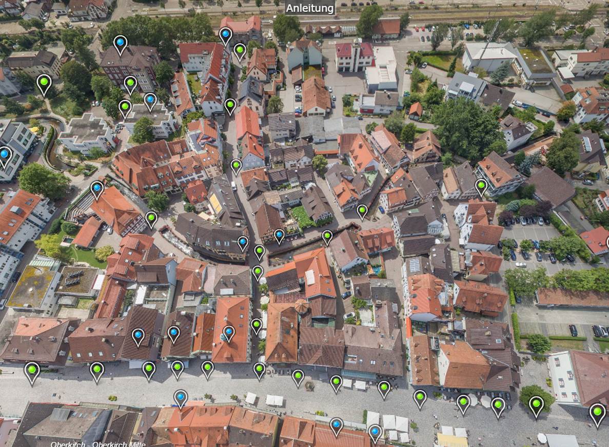 Das Bild zeigt eine Luftaufnahme der Oberkircher Innenstadt