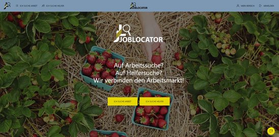 Das Bild zeigt den Startbildschirm der Suchmaschine Joblocator. Eine Nahaufnahme eines Erdbeerfeldes